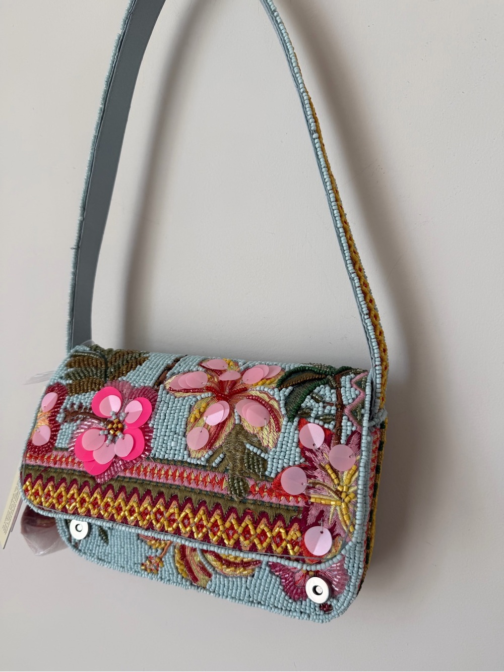 Beaded blue Tropical hibiscus sequins Shoulder Bag - Picture 2 of 6